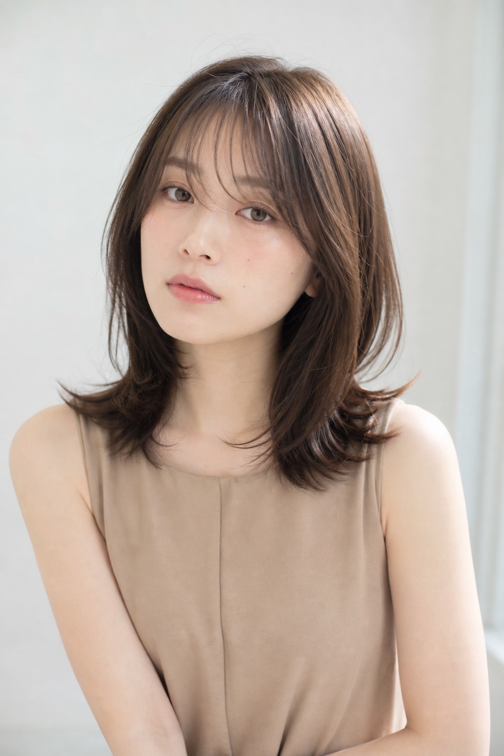 ツヤのあるミディアムヘアのスタイル写真